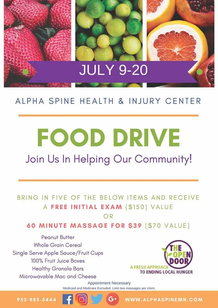 A flyer advertising a food drive at Alpha Spine Health & Injury Center